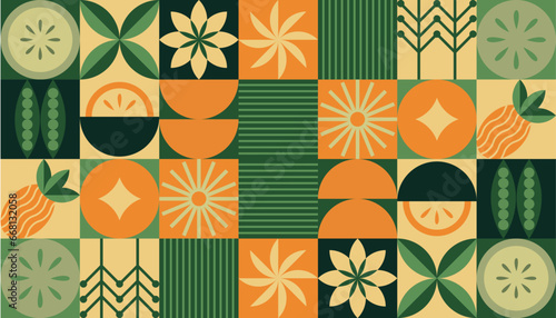 Textile background with autumn rain, vegetables, fruits, flowers Bauhaus pattern with autumn. Mosaic style. Simple geometric shapes.