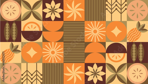 Textile background with autumn rain, vegetables, fruits, flowers Bauhaus pattern with autumn. Mosaic style. Simple geometric shapes.