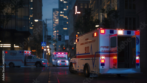 Slika na platnu Ambulance cars with siren at night