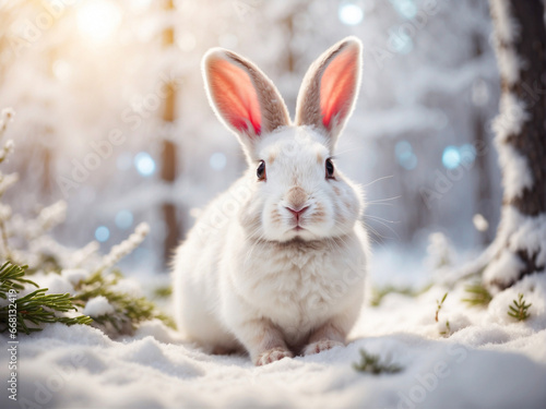Cute white rabbit in snowy winter forest