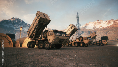 Military air defense battery. Anti missile defense system. 3d illustration