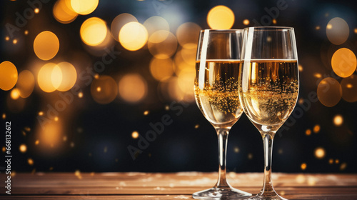Glasses of champagne on bokeh background. New Year celebration.