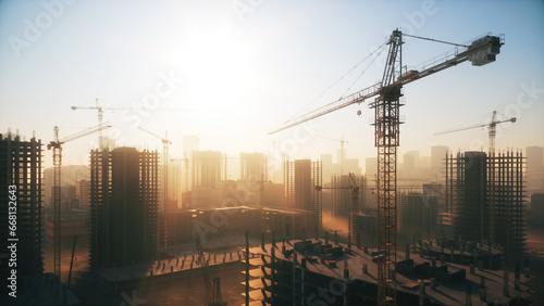 Large construction site with tall construction buildings and cranes. 3d illustration