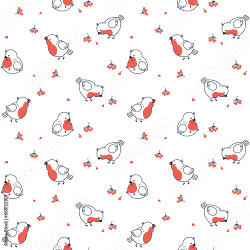 Vector seamless pattern. Winter birds bullfinches with red berries on a white background.