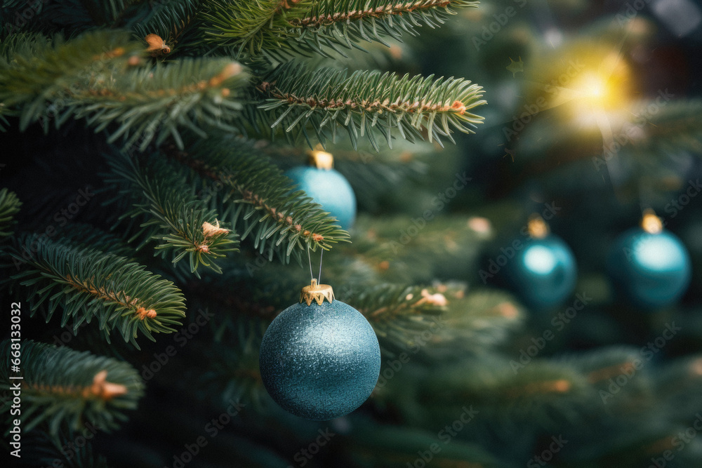 Christmas tree with blue baubles on it. Christmas background.