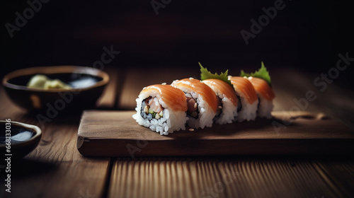 Illustration of a delicious plate of fresh sushi on a rustic wooden table