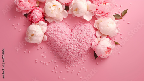 pink peony rose and heart shaped sprinkles on isolated pastel pink background with copyspace