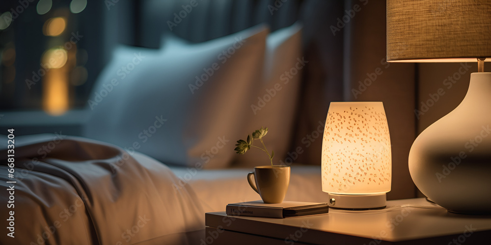Comfortable bed modern electric lamp  ,here is a small table with a lamp on it next to a bed ,Bed Lights  generative ai - obrazy, fototapety, plakaty 
