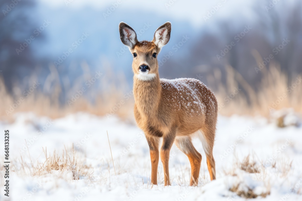 Doe standing on meadow in winter nature. Generative AI Doe standing on meadow in winter nature. Generative AI