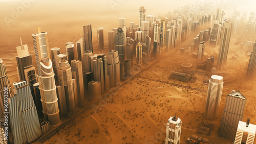 Sandstorm in the city. Dubai covered in sand. 3d illustration