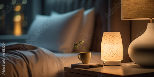 Comfortable bed modern electric lamp  ,here is a small table with a lamp on it next to a bed ,Bed Lights  generative ai photo