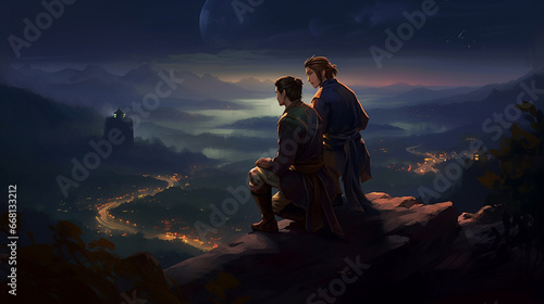 couple standing on a hill during dusk