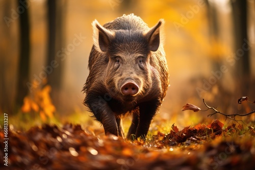 Lonely wild boar walks in forest. Generative AI © kardaska