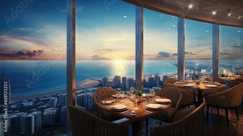 Panoramic hotel restaurant overlooking the ocean or cityscape. Generative AI © kardaska