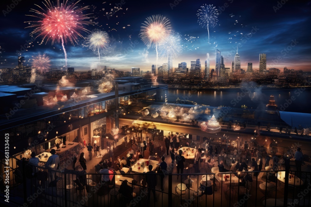 Fototapeta premium Whole city celebrating the New Year or a national event with lively fireworks on the night sky. Generative AI