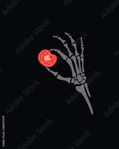 Skeleton hand holding a slice of tomato vector graphic illustration. Bone hand shoing a slice of tomato cartoon like illustration isolated on dark background.