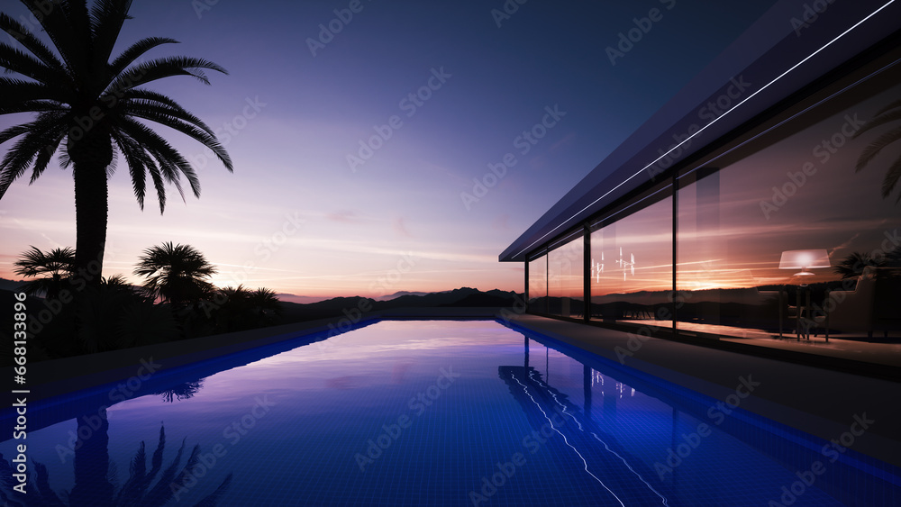 Private modern villa and pool at dusk. Purple clear sky sunset. Colorful sunset at resort pool. 3d illustration Private modern villa and pool at dusk. Purple clear sky sunset. Colorful sunset at resort pool. 3d illustration