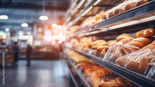 Aisle of a bakery and shelves in blurred background