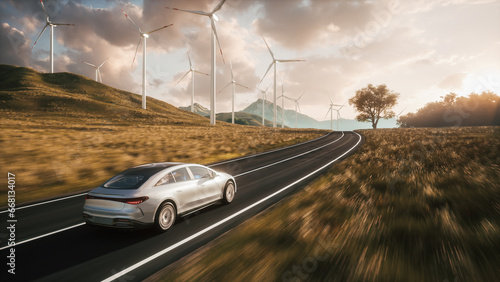 Electric car drives along a windmills.
