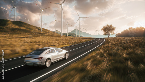 Electric car drives along a windmills. Modern technologies in the field of renewable electricity. 3d illustration