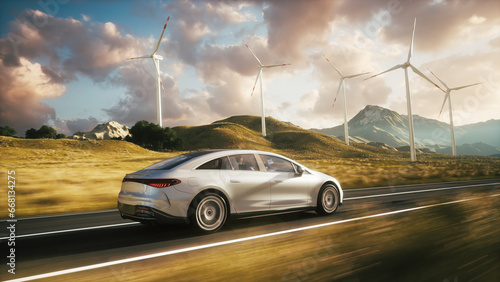 Electric car driving through landscape. Electric car drives along a windmills. 3d illustration