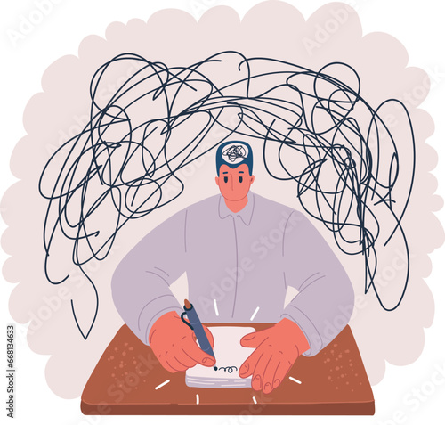 Vector illustration of Frustrated man with nervous problem feel anxiety and confusion of thoughts. Mental disorder and chaos in consciousness.