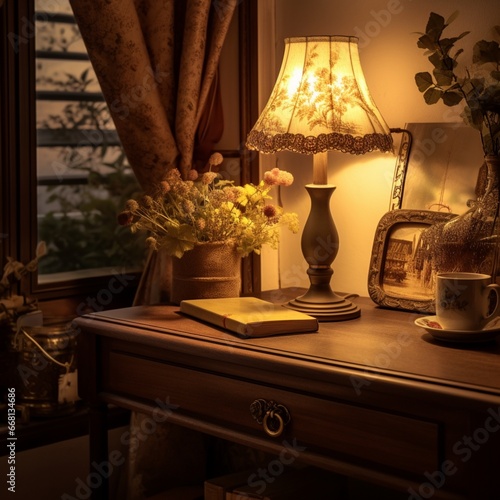 lamp on the table,View of a cozy decorative corner with a table lamp spending warm light. © Benish