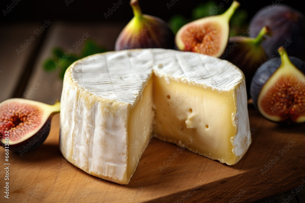 Delicious French cheese with figs on the wooden board close up