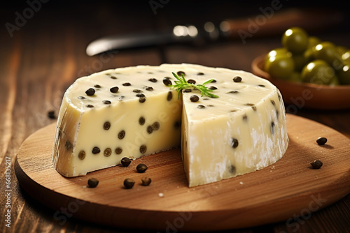 Delicious French cheese with peppercorns and herbs on the wooden board close up