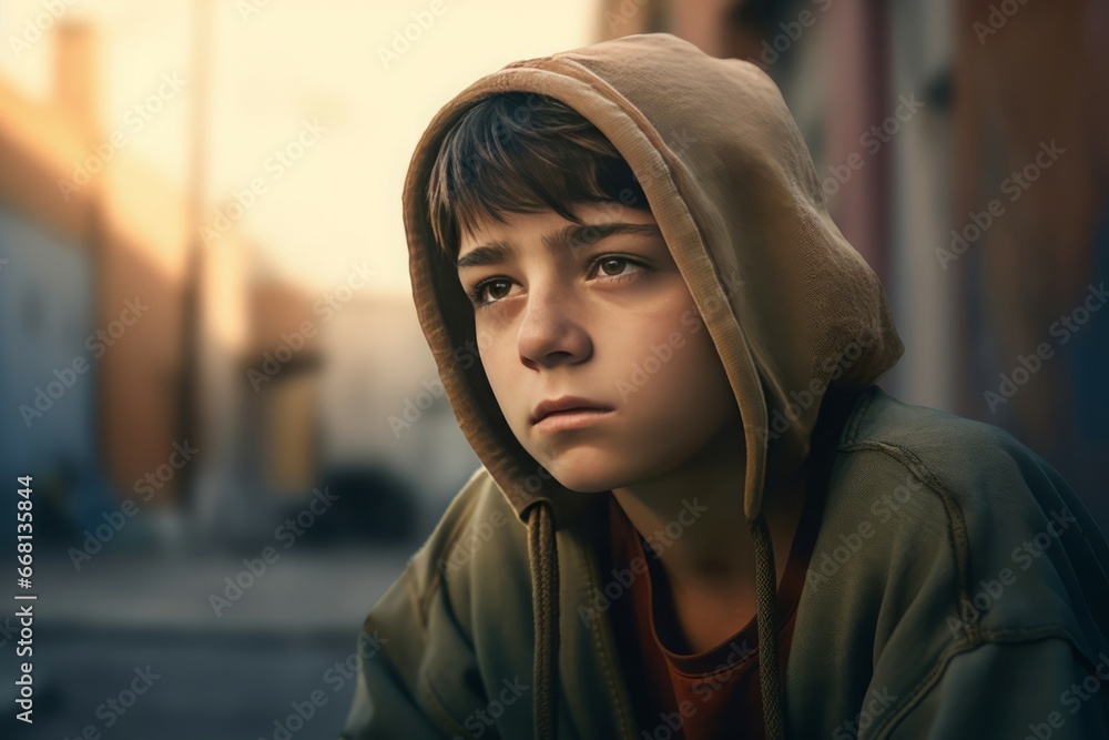 Sad boy living in poverty background. Desolate street face of child. Generate ai Sad boy living in poverty background. Desolate street face of child. Generate ai