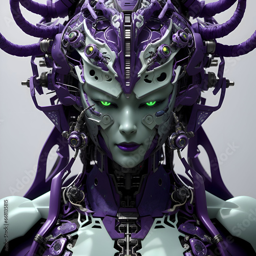 White & purple cyborg technology robot art, portrait poster, wires green eyes futuristic demon