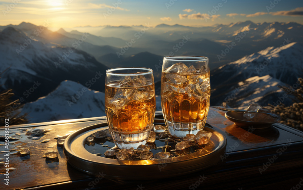 Obraz na płótnie dwa szklane kieliszki z napojem alkoholowym na tarasie z widokiem na góry w słoneczny dzień w salonie