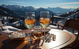 dwa szklane kieliszki z napojem alkoholowym na tarasie z widokiem na góry w słoneczny dzień
