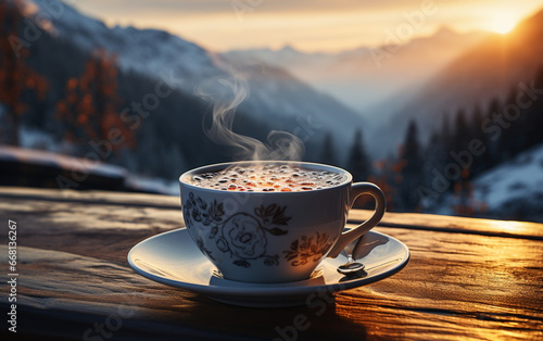 filiżanka kawy na tarasie widokowym z widokiem na panoramę gór w słoneczny zimowy dzień. photo