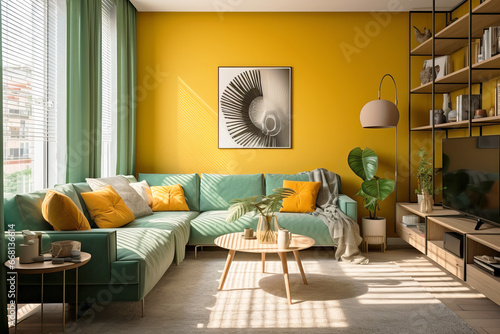 Interior design of living room in a small apartment in green and yellow colours.