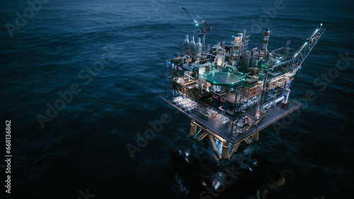 Aerial view of offshore jack up drilling rig at night. Offshore oil and gas industry, sea oil production. Night view of oil and gas platform. 3d illustration
