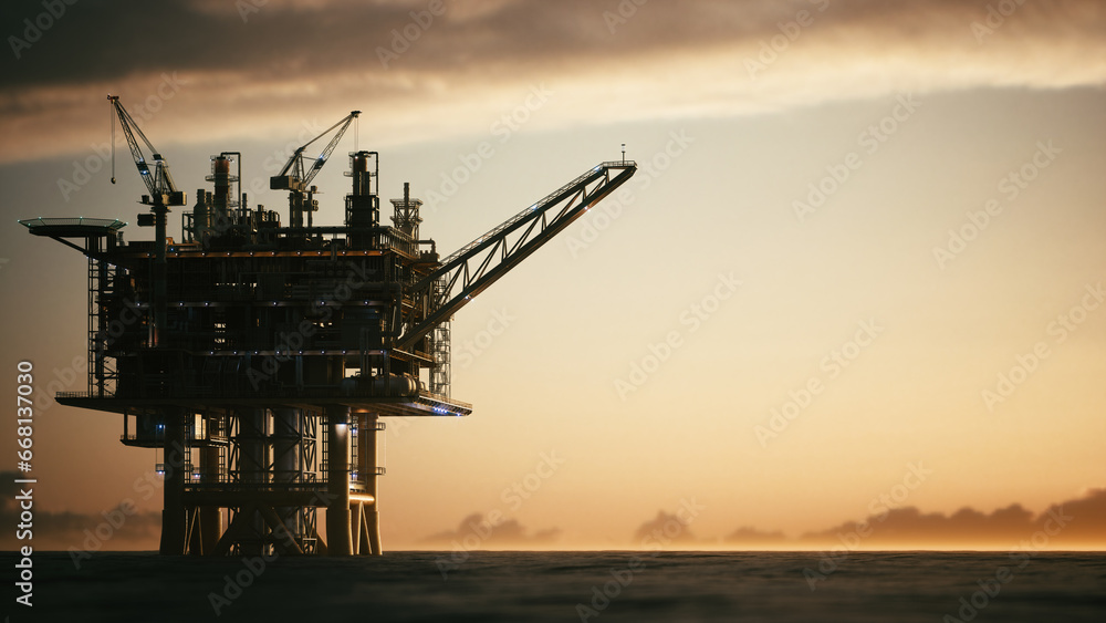 Silhouette of an oil platform in the ocean at sunset. Oil and gas production platform at dusk. Drilling rig and oil production platform. 3d illustration