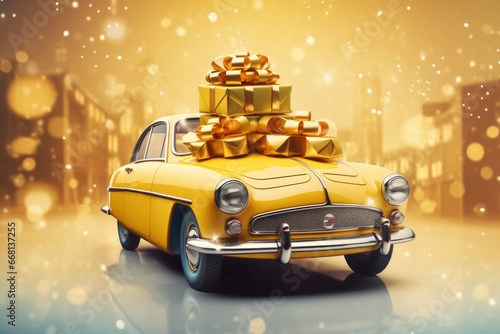Beautiful old retro vintage yellow shiny car in the city with gift boxes with bows. Sale and promotion at the dealership. Creative postcard for the holiday. Generative AI.