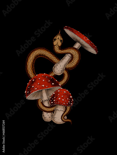 Snake with red mushrooms Hand drawn illustration on black background Serpent in gothic style of magical forest Goblincore aesthetics