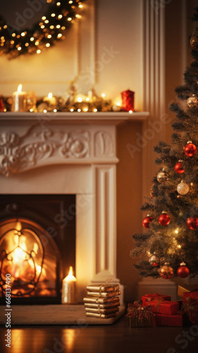 Beautiful Christmas tree with gifts near fireplace in room, closeup.