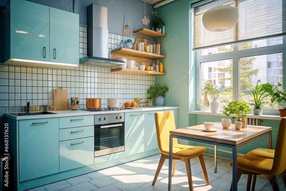 Interior design of modern kitchen light blue colours. Sunlight. 