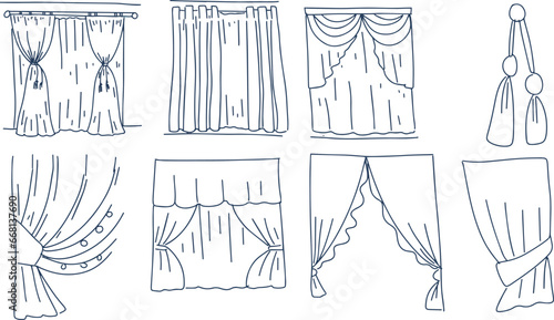 Roller blinds, tulle interior elements details drawn by hand sketch doodle set separately on a white background coloring drawing anti-stress room decor