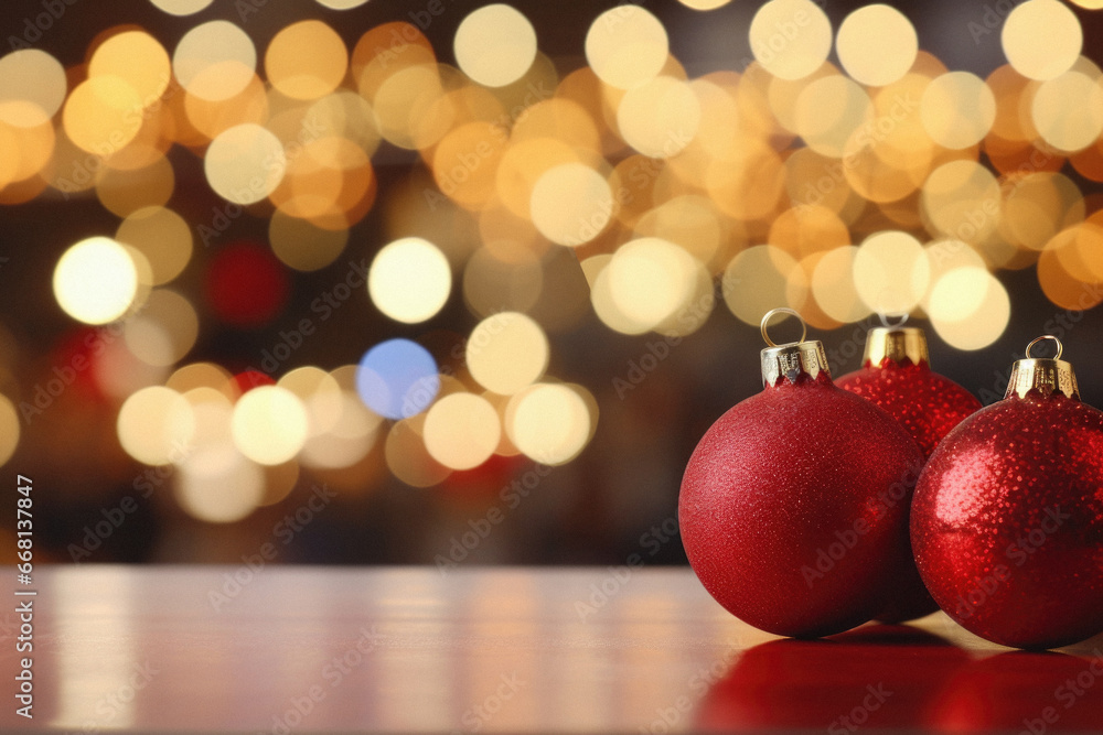 Christmas balls on wooden table against defocused lights, space for text. Christmas balls on wooden table against defocused lights, space for text.