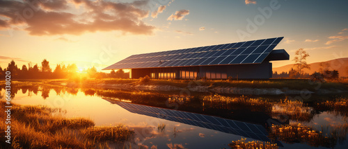 Haus der Zukunft mit Solar Energie, Sonnenkollektoren bei Sonnenuntergang. Konzept für erneuerbare Energien 