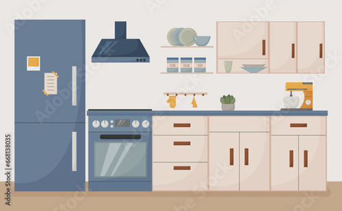 modern kitchen interior, flat style, furniture, dishes, appliances, stove, mixer, refrigerator, vector illustration