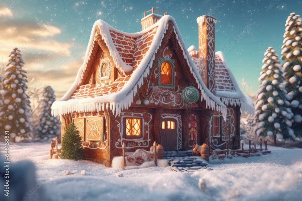 Gingerbread winter snow house at sunset. Fantasy New Year holiday. Generate Ai