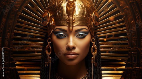 Gorgeous portrait of Egyptian Goddess. Female, golden, crown, Isis, leader, ancient, AI Generated 