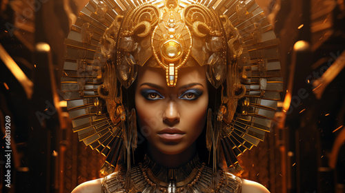 Gorgeous portrait of Egyptian Goddess. Female, golden, crown, Isis, leader, ancient, AI Generated  photo