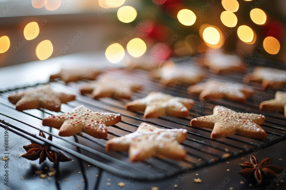 Baking Festive Cookies - Freshly baked Christmas cookies in various shapes cooling on a wire rack - Christmas Preparations - AI Generated