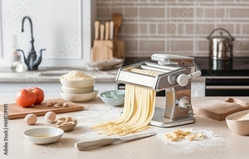 Pasta maker with dough and products on wooden table. Making healthy organic food. Generate Ai